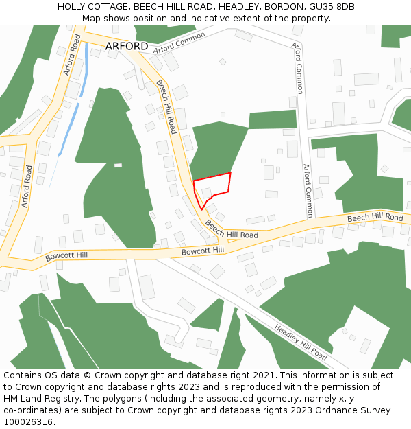 HOLLY COTTAGE, BEECH HILL ROAD, HEADLEY, BORDON, GU35 8DB: Location map and indicative extent of plot