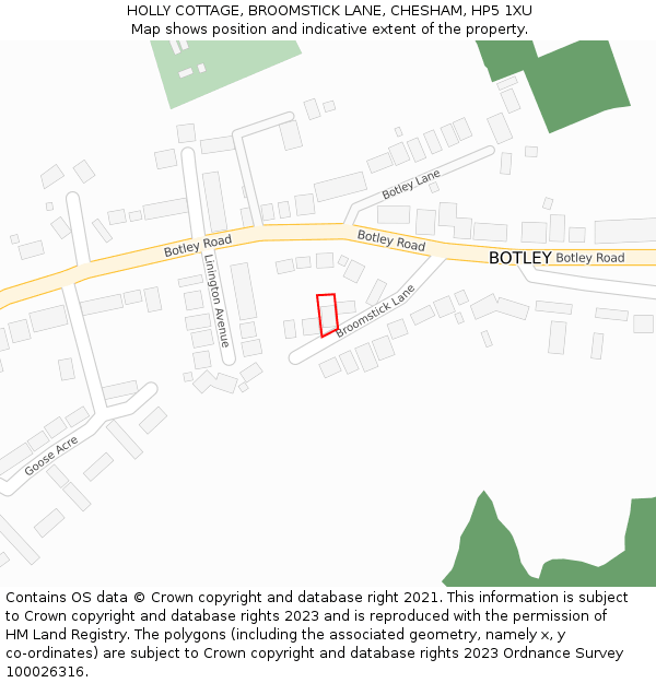 HOLLY COTTAGE, BROOMSTICK LANE, CHESHAM, HP5 1XU: Location map and indicative extent of plot