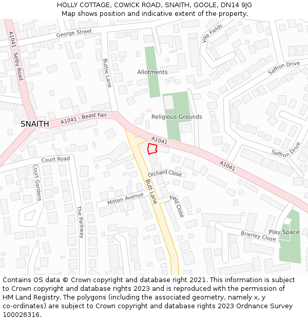 HOLLY COTTAGE, COWICK ROAD, SNAITH, GOOLE, DN14 9JG: Location map and indicative extent of plot