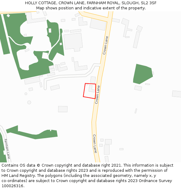 HOLLY COTTAGE, CROWN LANE, FARNHAM ROYAL, SLOUGH, SL2 3SF: Location map and indicative extent of plot