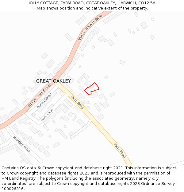 HOLLY COTTAGE, FARM ROAD, GREAT OAKLEY, HARWICH, CO12 5AL: Location map and indicative extent of plot