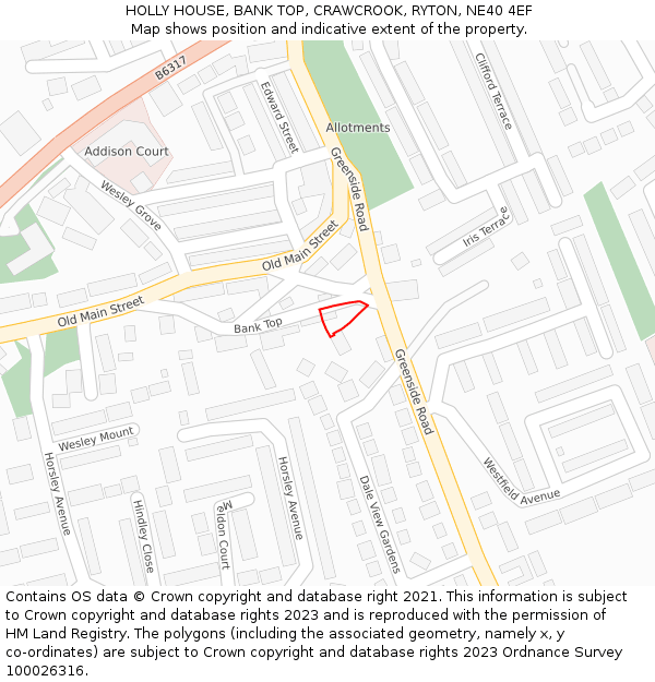 HOLLY HOUSE, BANK TOP, CRAWCROOK, RYTON, NE40 4EF: Location map and indicative extent of plot