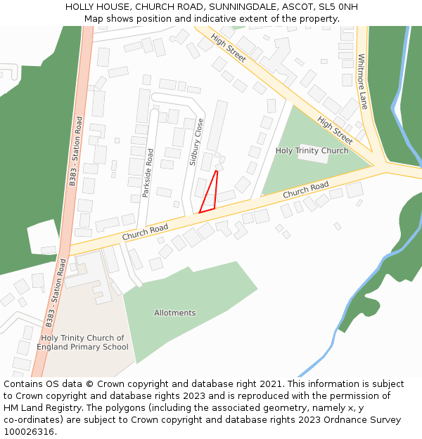 HOLLY HOUSE, CHURCH ROAD, SUNNINGDALE, ASCOT, SL5 0NH: Location map and indicative extent of plot