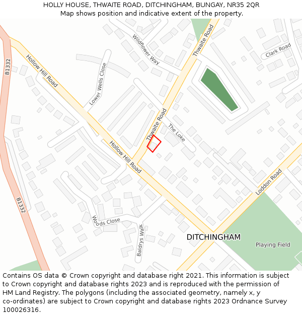 HOLLY HOUSE, THWAITE ROAD, DITCHINGHAM, BUNGAY, NR35 2QR: Location map and indicative extent of plot