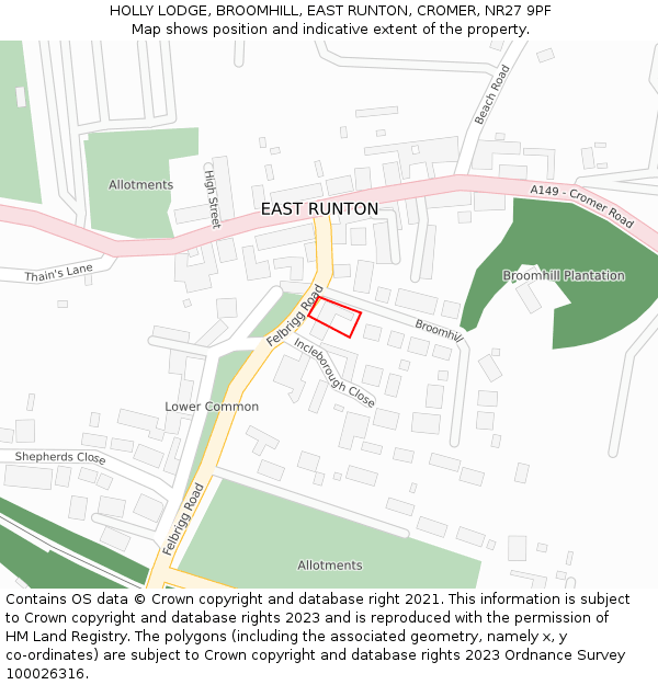 HOLLY LODGE, BROOMHILL, EAST RUNTON, CROMER, NR27 9PF: Location map and indicative extent of plot