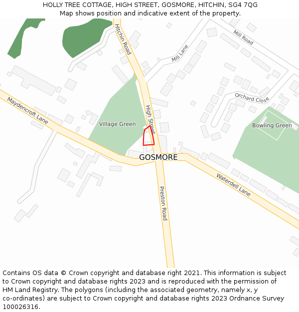 HOLLY TREE COTTAGE, HIGH STREET, GOSMORE, HITCHIN, SG4 7QG: Location map and indicative extent of plot