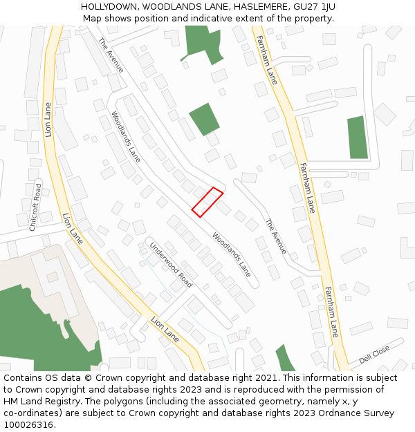 HOLLYDOWN, WOODLANDS LANE, HASLEMERE, GU27 1JU: Location map and indicative extent of plot