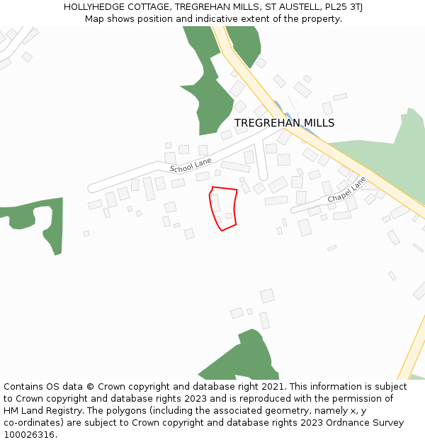 HOLLYHEDGE COTTAGE, TREGREHAN MILLS, ST AUSTELL, PL25 3TJ: Location map and indicative extent of plot