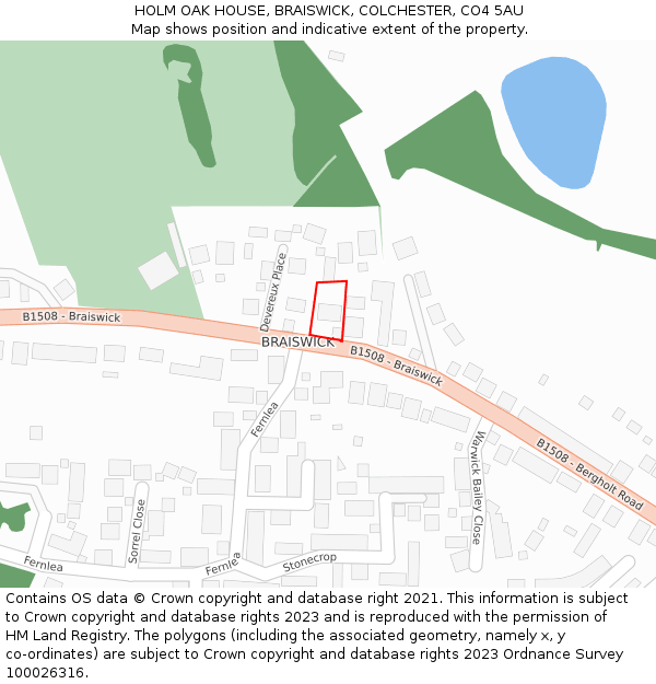 HOLM OAK HOUSE, BRAISWICK, COLCHESTER, CO4 5AU: Location map and indicative extent of plot