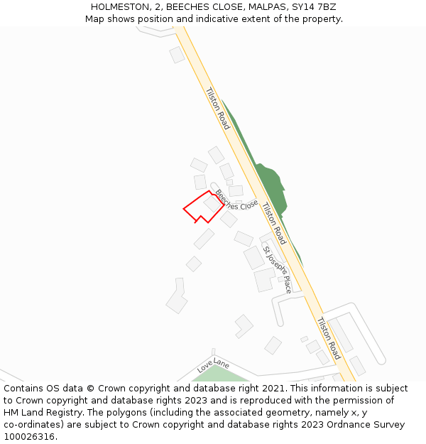 HOLMESTON, 2, BEECHES CLOSE, MALPAS, SY14 7BZ: Location map and indicative extent of plot