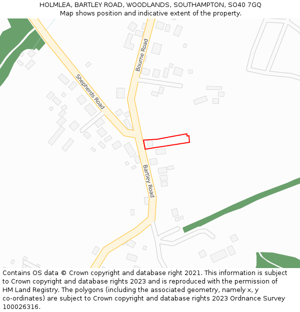 HOLMLEA, BARTLEY ROAD, WOODLANDS, SOUTHAMPTON, SO40 7GQ: Location map and indicative extent of plot