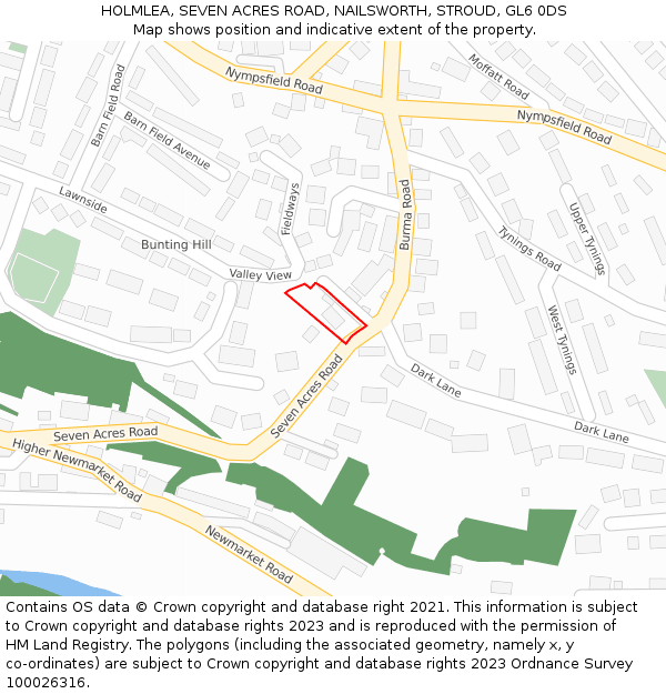 HOLMLEA, SEVEN ACRES ROAD, NAILSWORTH, STROUD, GL6 0DS: Location map and indicative extent of plot