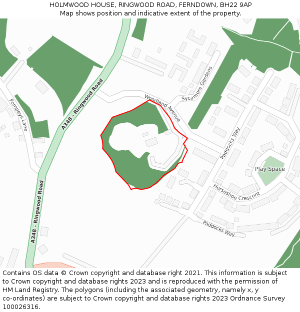 HOLMWOOD HOUSE, RINGWOOD ROAD, FERNDOWN, BH22 9AP: Location map and indicative extent of plot