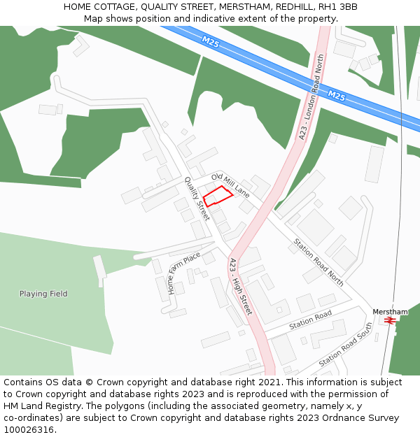 HOME COTTAGE, QUALITY STREET, MERSTHAM, REDHILL, RH1 3BB: Location map and indicative extent of plot