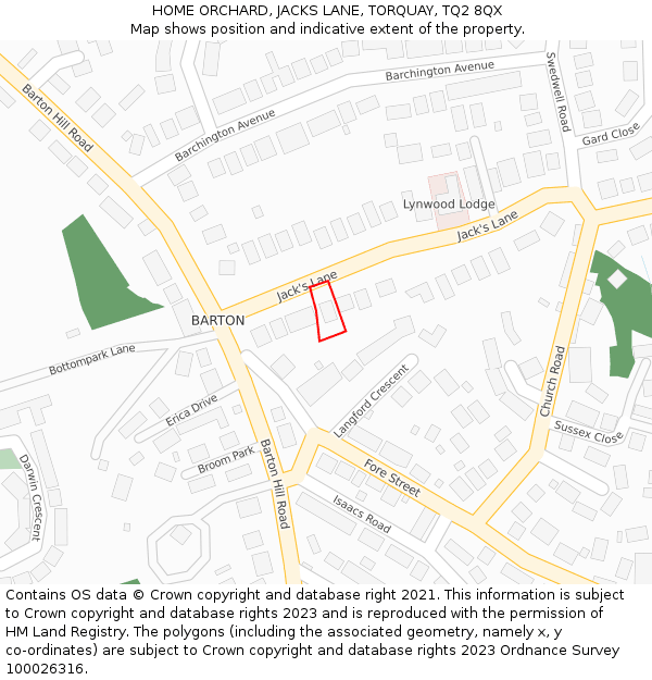 HOME ORCHARD, JACKS LANE, TORQUAY, TQ2 8QX: Location map and indicative extent of plot