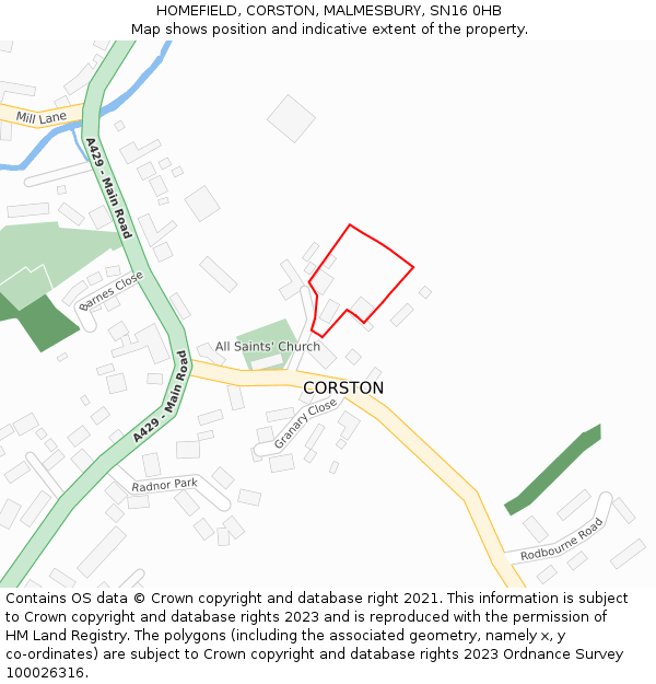 HOMEFIELD, CORSTON, MALMESBURY, SN16 0HB: Location map and indicative extent of plot