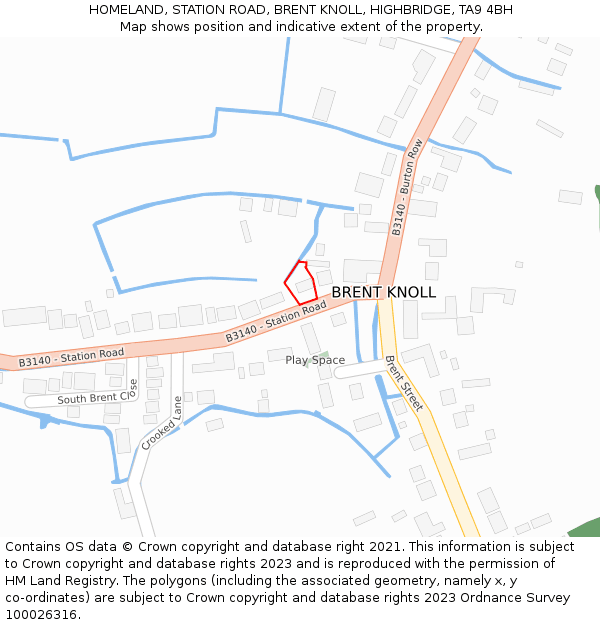 HOMELAND, STATION ROAD, BRENT KNOLL, HIGHBRIDGE, TA9 4BH: Location map and indicative extent of plot