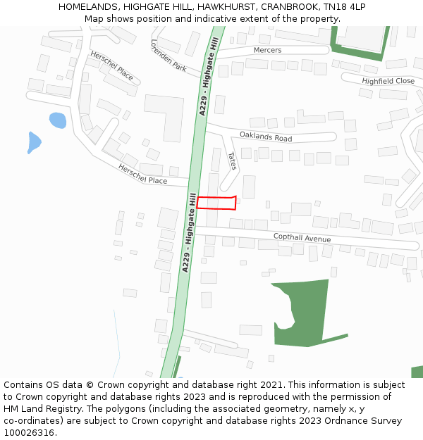 HOMELANDS, HIGHGATE HILL, HAWKHURST, CRANBROOK, TN18 4LP: Location map and indicative extent of plot