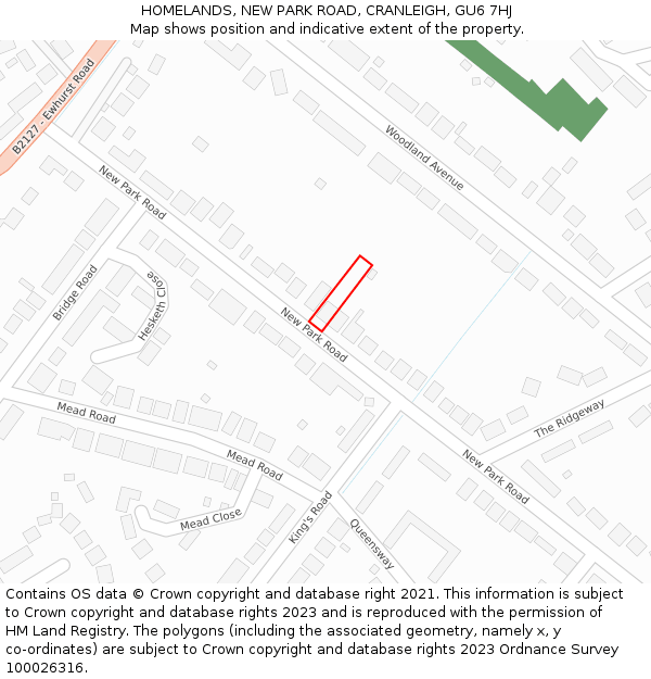 HOMELANDS, NEW PARK ROAD, CRANLEIGH, GU6 7HJ: Location map and indicative extent of plot