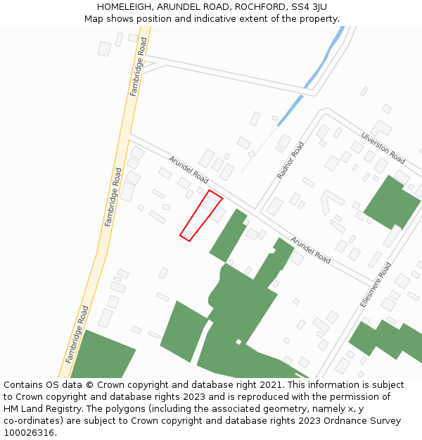 HOMELEIGH, ARUNDEL ROAD, ROCHFORD, SS4 3JU: Location map and indicative extent of plot