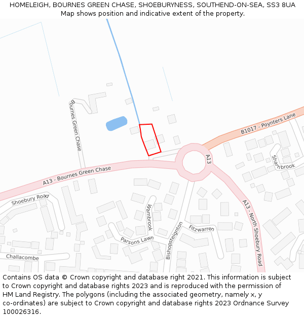 HOMELEIGH, BOURNES GREEN CHASE, SHOEBURYNESS, SOUTHEND-ON-SEA, SS3 8UA: Location map and indicative extent of plot