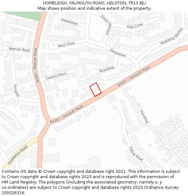 HOMELEIGH, FALMOUTH ROAD, HELSTON, TR13 8JU: Location map and indicative extent of plot