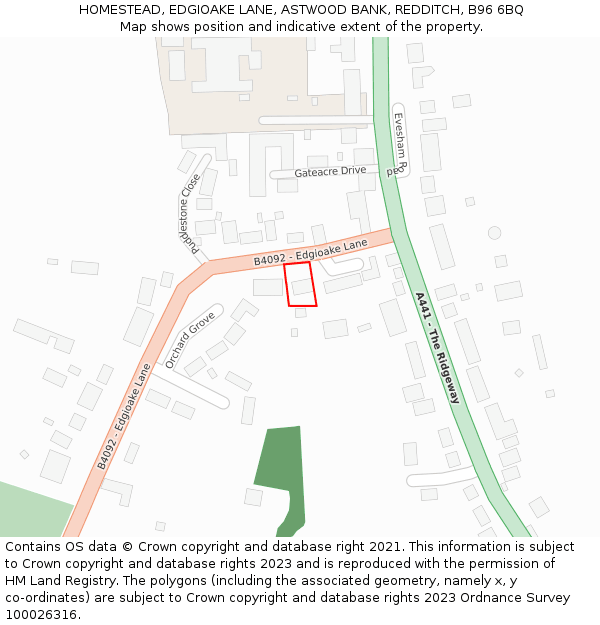 HOMESTEAD, EDGIOAKE LANE, ASTWOOD BANK, REDDITCH, B96 6BQ: Location map and indicative extent of plot