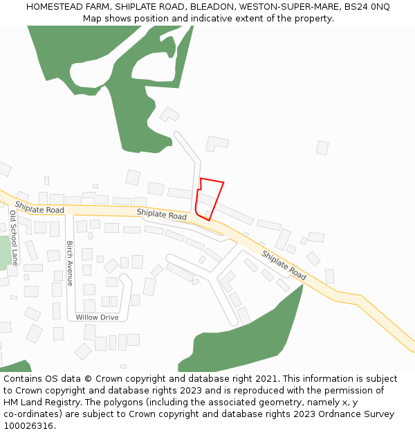 HOMESTEAD FARM, SHIPLATE ROAD, BLEADON, WESTON-SUPER-MARE, BS24 0NQ: Location map and indicative extent of plot