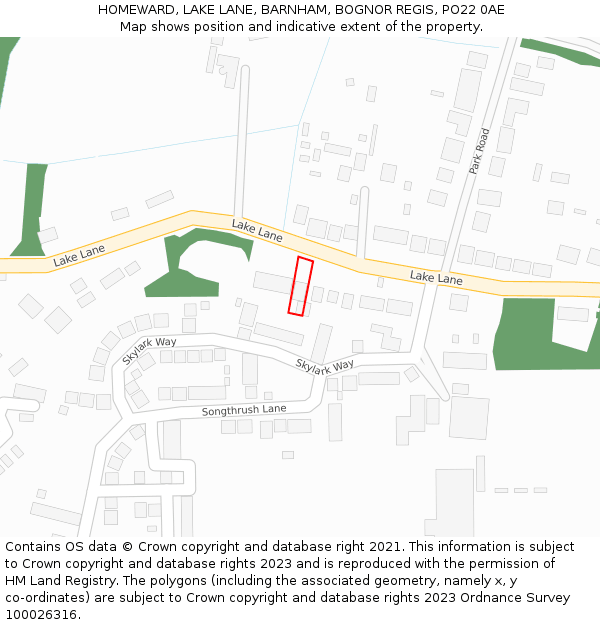 HOMEWARD, LAKE LANE, BARNHAM, BOGNOR REGIS, PO22 0AE: Location map and indicative extent of plot