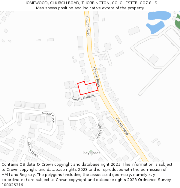 HOMEWOOD, CHURCH ROAD, THORRINGTON, COLCHESTER, CO7 8HS: Location map and indicative extent of plot