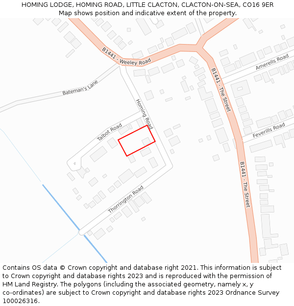 HOMING LODGE, HOMING ROAD, LITTLE CLACTON, CLACTON-ON-SEA, CO16 9ER: Location map and indicative extent of plot