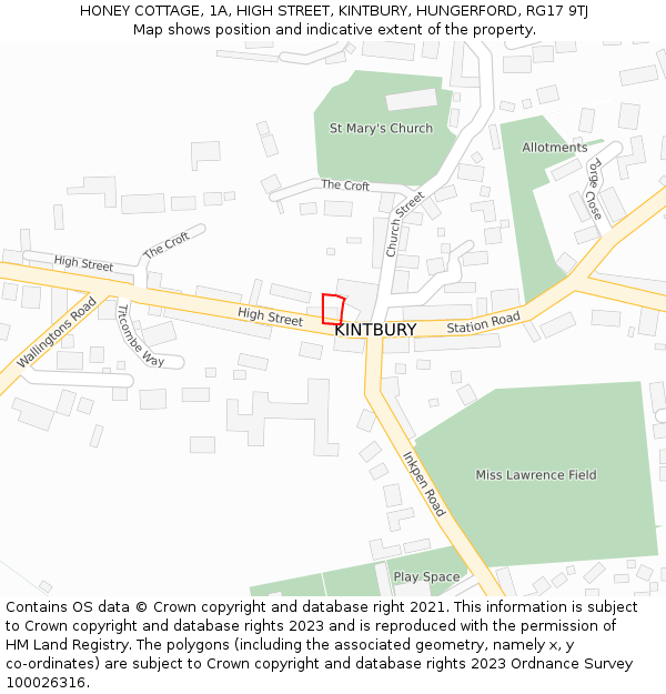 HONEY COTTAGE, 1A, HIGH STREET, KINTBURY, HUNGERFORD, RG17 9TJ: Location map and indicative extent of plot