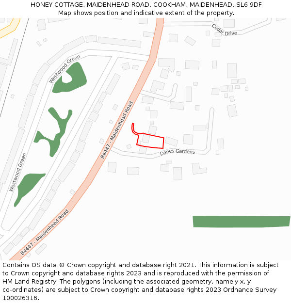 HONEY COTTAGE, MAIDENHEAD ROAD, COOKHAM, MAIDENHEAD, SL6 9DF: Location map and indicative extent of plot