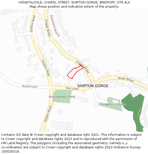 HONEYSUCKLE, CHAPEL STREET, SHIPTON GORGE, BRIDPORT, DT6 4LX: Location map and indicative extent of plot