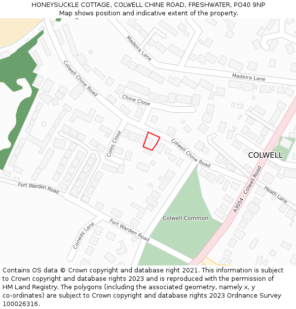 HONEYSUCKLE COTTAGE, COLWELL CHINE ROAD, FRESHWATER, PO40 9NP: Location map and indicative extent of plot