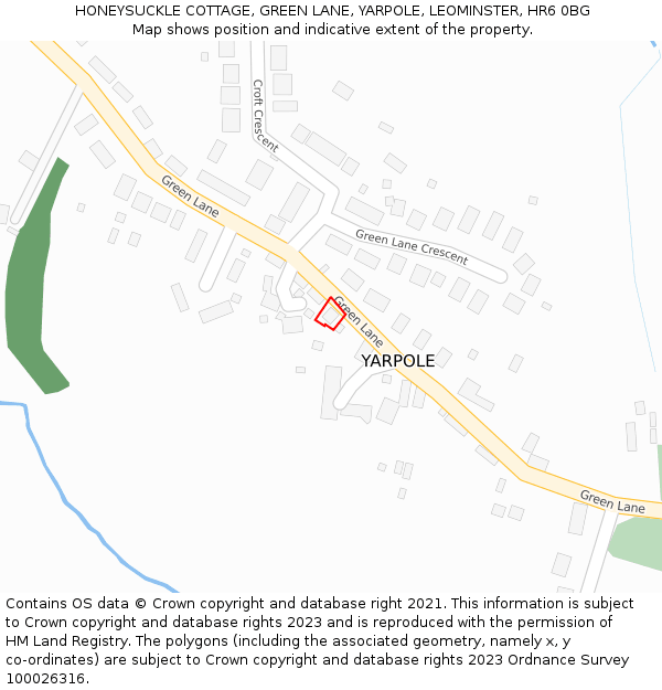 HONEYSUCKLE COTTAGE, GREEN LANE, YARPOLE, LEOMINSTER, HR6 0BG: Location map and indicative extent of plot