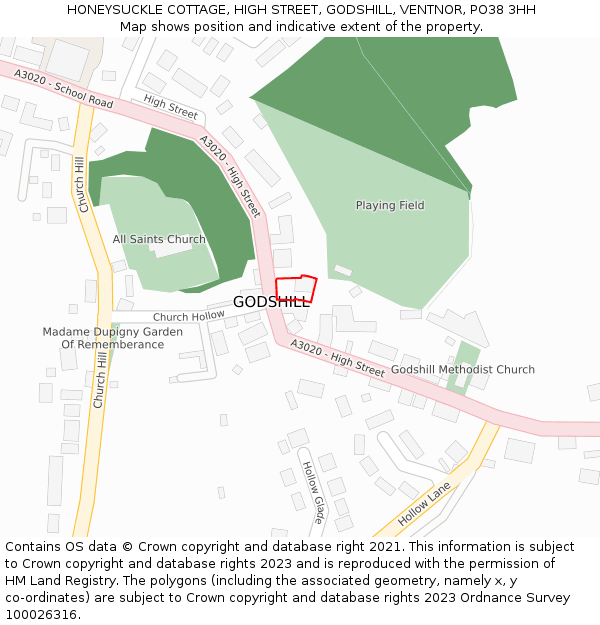 HONEYSUCKLE COTTAGE, HIGH STREET, GODSHILL, VENTNOR, PO38 3HH: Location map and indicative extent of plot