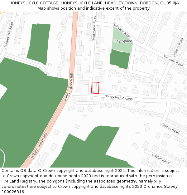 HONEYSUCKLE COTTAGE, HONEYSUCKLE LANE, HEADLEY DOWN, BORDON, GU35 8JA: Location map and indicative extent of plot