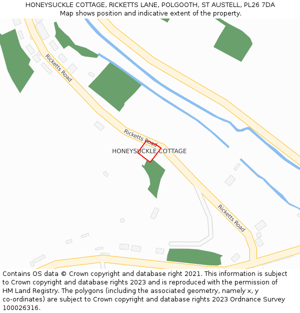 HONEYSUCKLE COTTAGE, RICKETTS LANE, POLGOOTH, ST AUSTELL, PL26 7DA: Location map and indicative extent of plot