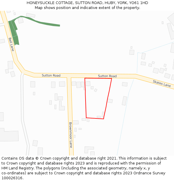 HONEYSUCKLE COTTAGE, SUTTON ROAD, HUBY, YORK, YO61 1HD: Location map and indicative extent of plot