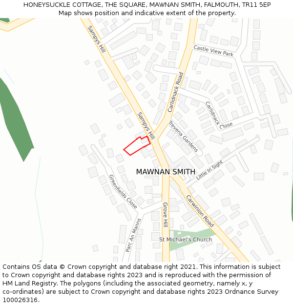 HONEYSUCKLE COTTAGE, THE SQUARE, MAWNAN SMITH, FALMOUTH, TR11 5EP: Location map and indicative extent of plot