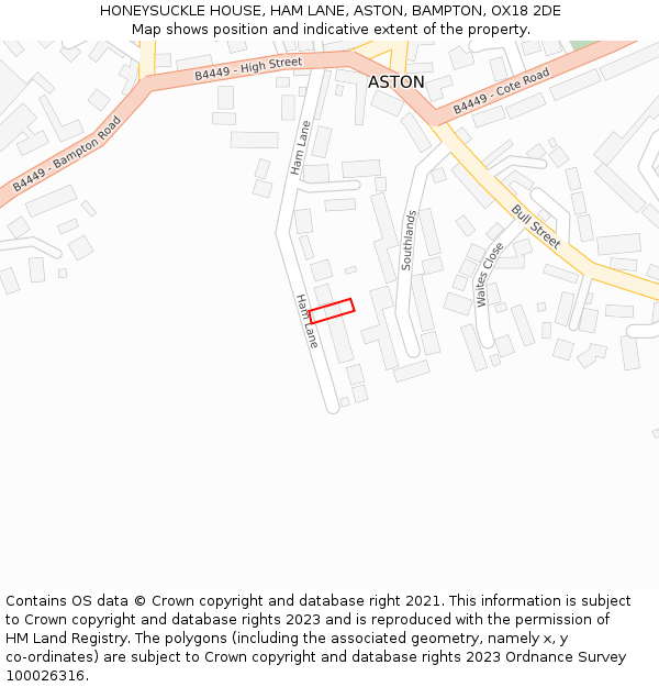 HONEYSUCKLE HOUSE, HAM LANE, ASTON, BAMPTON, OX18 2DE: Location map and indicative extent of plot