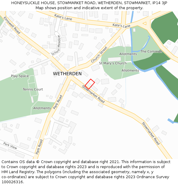 HONEYSUCKLE HOUSE, STOWMARKET ROAD, WETHERDEN, STOWMARKET, IP14 3JP: Location map and indicative extent of plot