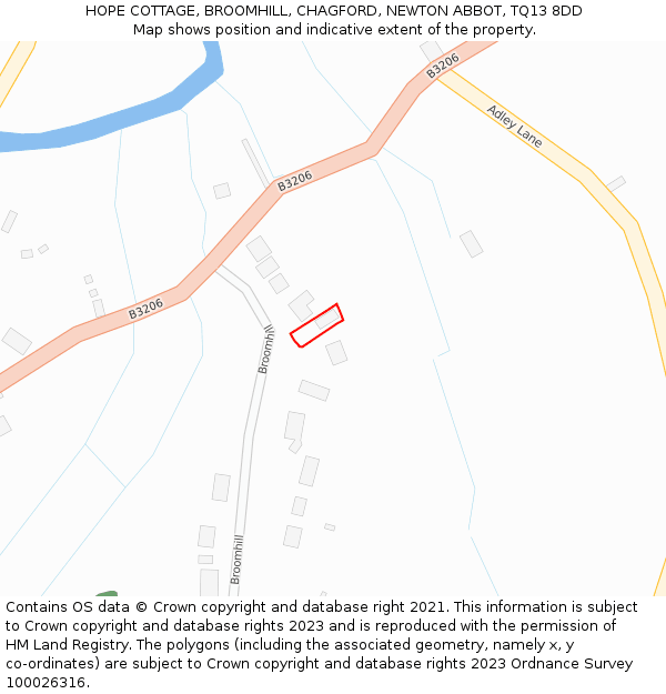 HOPE COTTAGE, BROOMHILL, CHAGFORD, NEWTON ABBOT, TQ13 8DD: Location map and indicative extent of plot