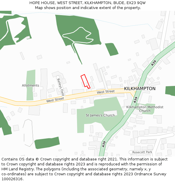 HOPE HOUSE, WEST STREET, KILKHAMPTON, BUDE, EX23 9QW: Location map and indicative extent of plot