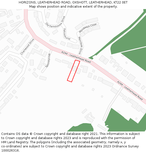 HORIZONS, LEATHERHEAD ROAD, OXSHOTT, LEATHERHEAD, KT22 0ET: Location map and indicative extent of plot