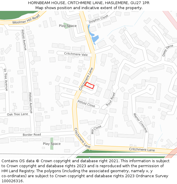 HORNBEAM HOUSE, CRITCHMERE LANE, HASLEMERE, GU27 1PR: Location map and indicative extent of plot