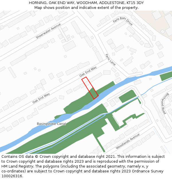 HORNING, OAK END WAY, WOODHAM, ADDLESTONE, KT15 3DY: Location map and indicative extent of plot