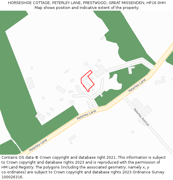 HORSESHOE COTTAGE, PETERLEY LANE, PRESTWOOD, GREAT MISSENDEN, HP16 0HH: Location map and indicative extent of plot