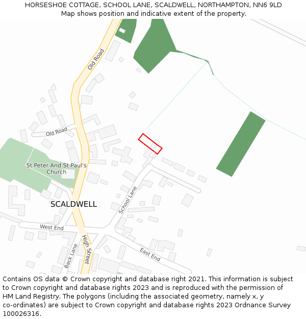 HORSESHOE COTTAGE, SCHOOL LANE, SCALDWELL, NORTHAMPTON, NN6 9LD: Location map and indicative extent of plot